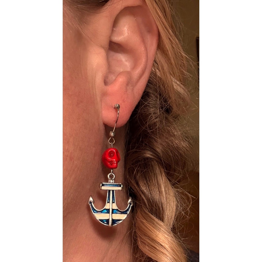 July‎ 4th Anchor Skull Earrings Women OS Red Blue Good Nautical Pirate Goth Drop
